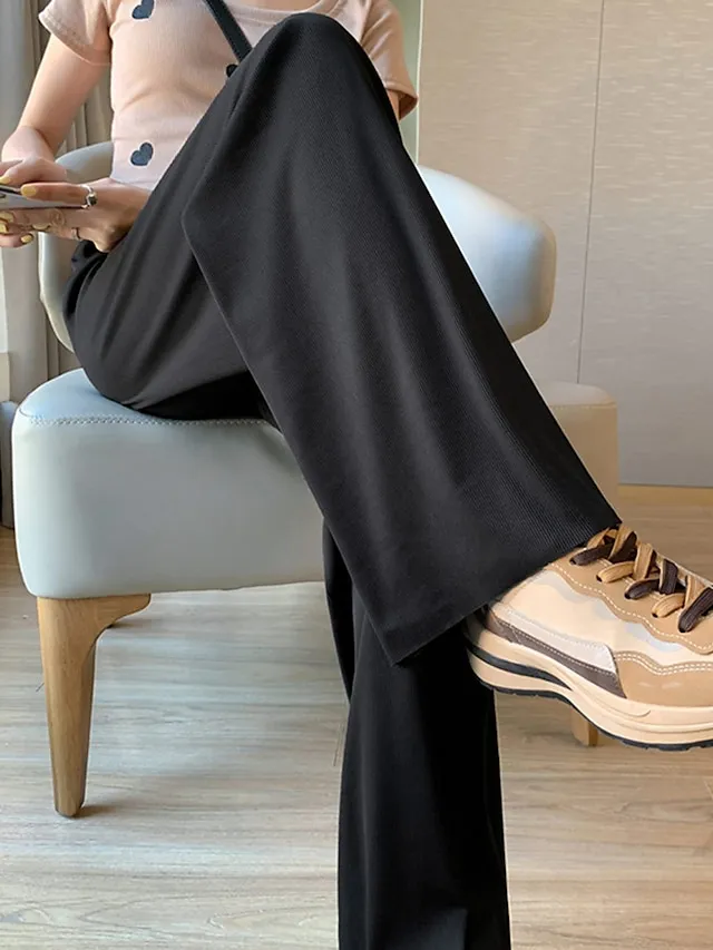 Women's Wide Leg Chinos Baggy Mid Waist Full Length Black Summer