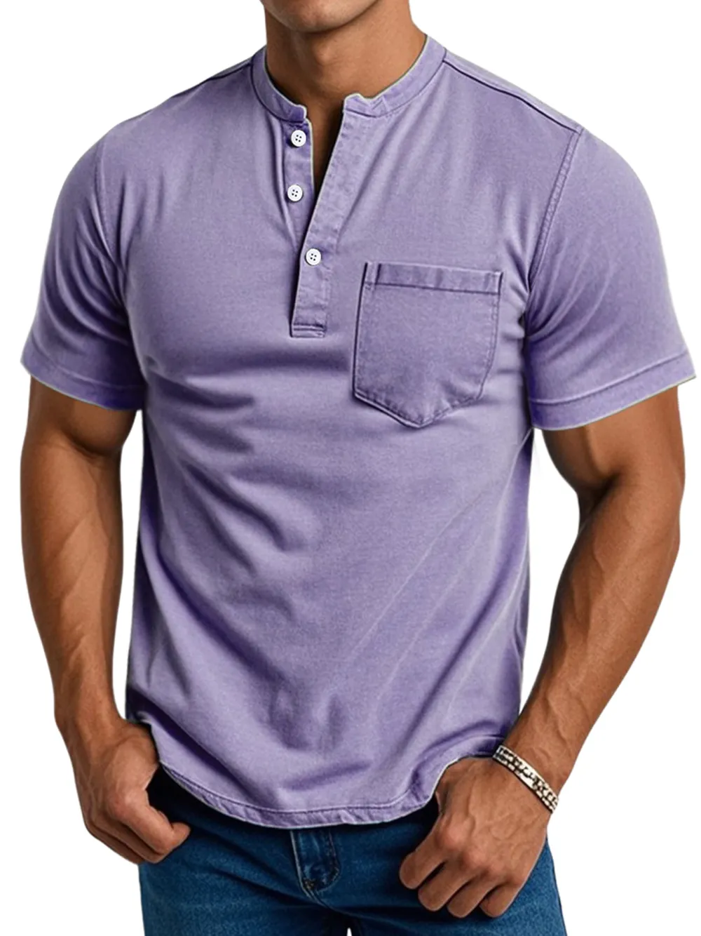 Men's Daily Casual Pocket Stand Collar Short Sleeve Comfortable Henley Shirt