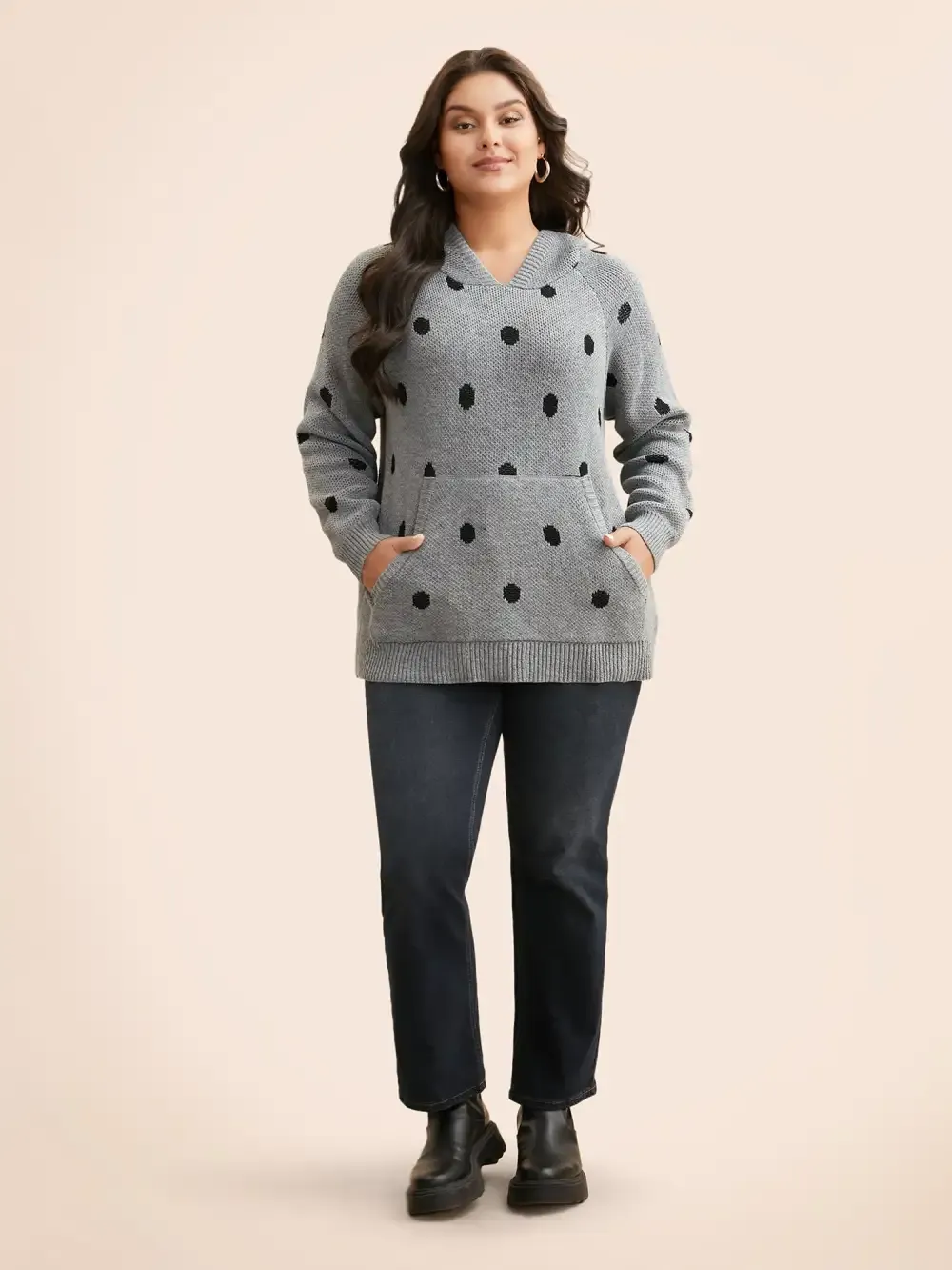 Polka Dot Hooded Patch Pocket Pullover