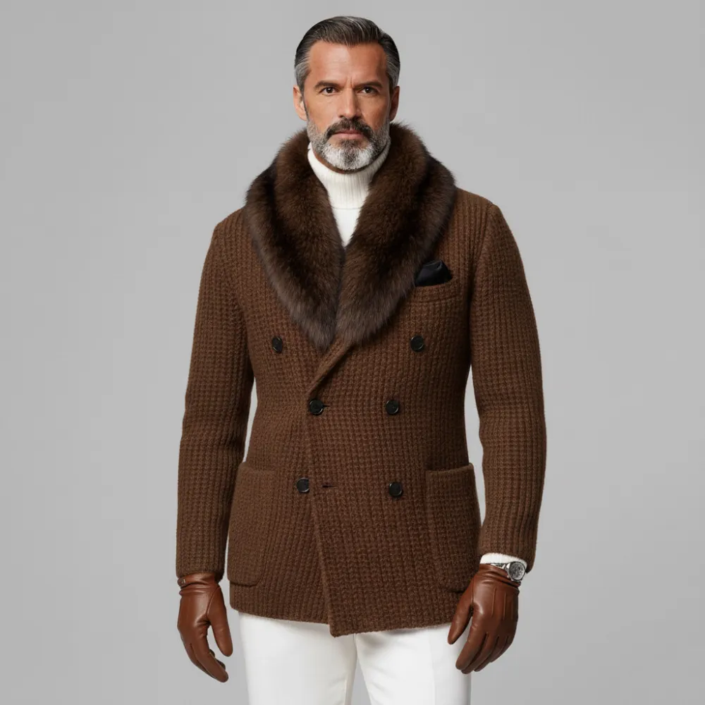 Men's Brown Furry Collar Double Breasted Long Sleeve Patch Pocket Knit Sweater Coat
