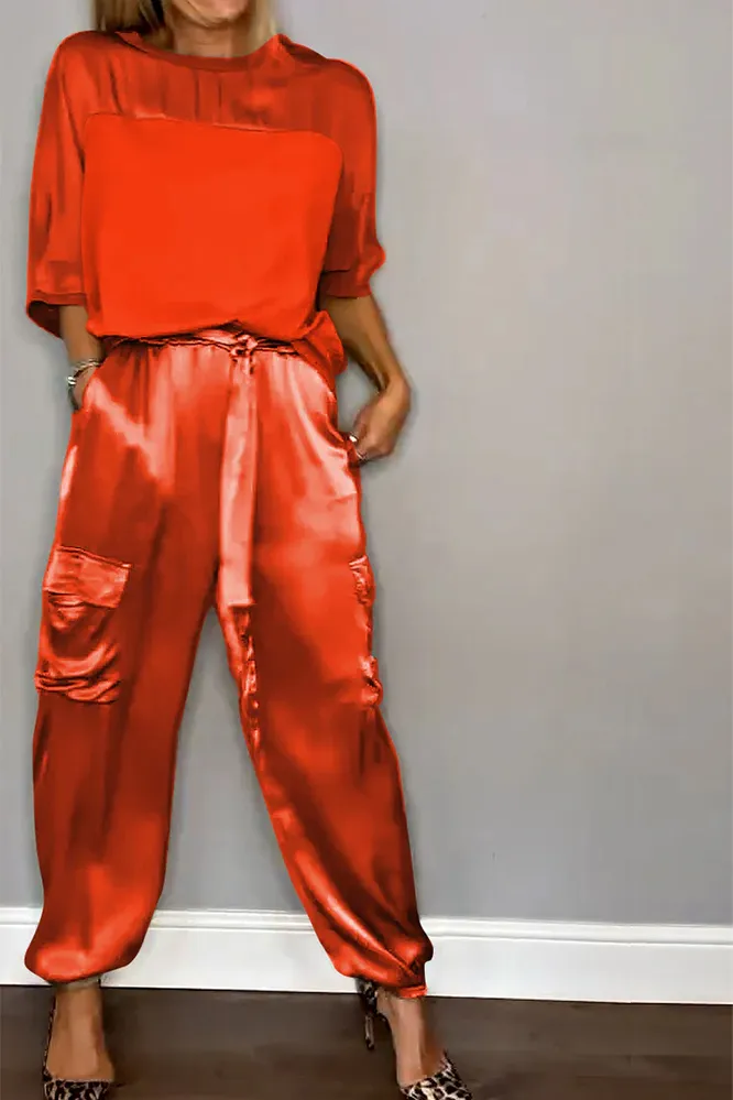 Women's Smooth Satin Half-sleeved Top and Pant Suit Two-piece