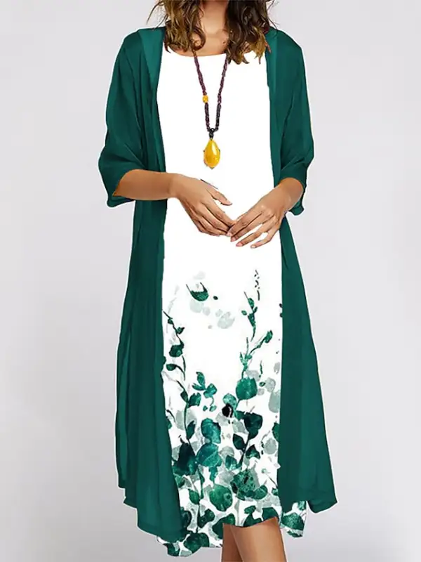 Women's Dress Set Two Piece Dress Midi Dress White Green Gray 3/4 Length Sleeve Floral Patchwork Summer Spring Crew Neck Basic Vacation Loose Fit 2023 S M L XL XXL