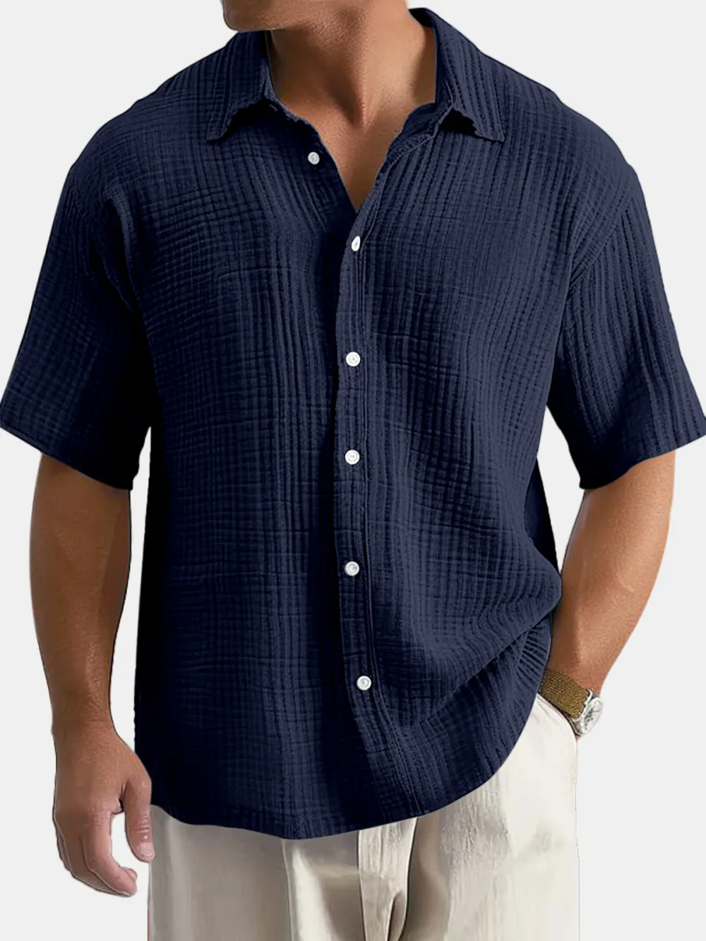 Men's Casual Summer 100% Cotton Solid Color Short Sleeve Shirt