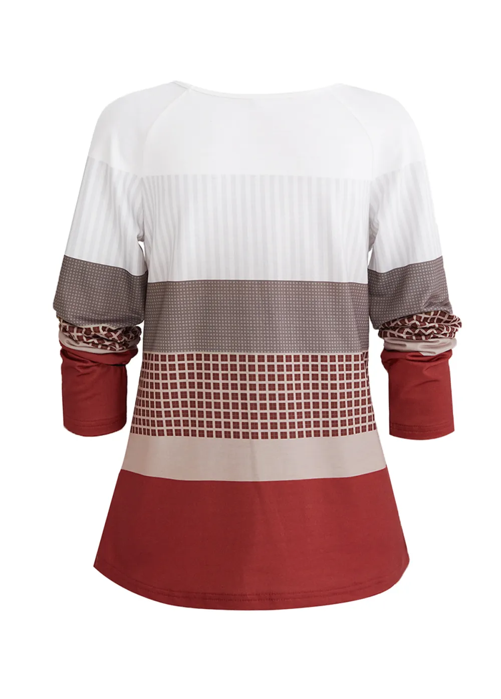 Wine Red Patchwork Geometric Print Long Sleeve Sweatshirt