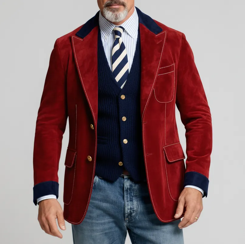 Men's Burgundy Suede Colorblock Peak Lapel Long Sleeve Two Button Pockets Blazer
