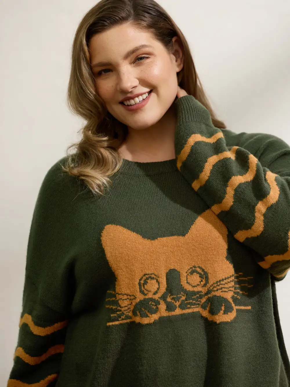 Cat Wavy Print Jacquard Contrast Pullover