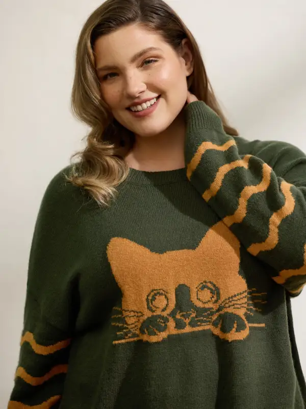 Cat Wavy Print Jacquard Contrast Pullover