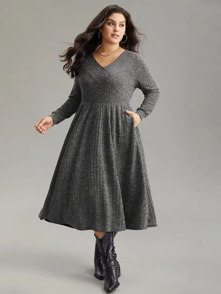 Rib Knit Plain Plisse Long Sleeve Dress