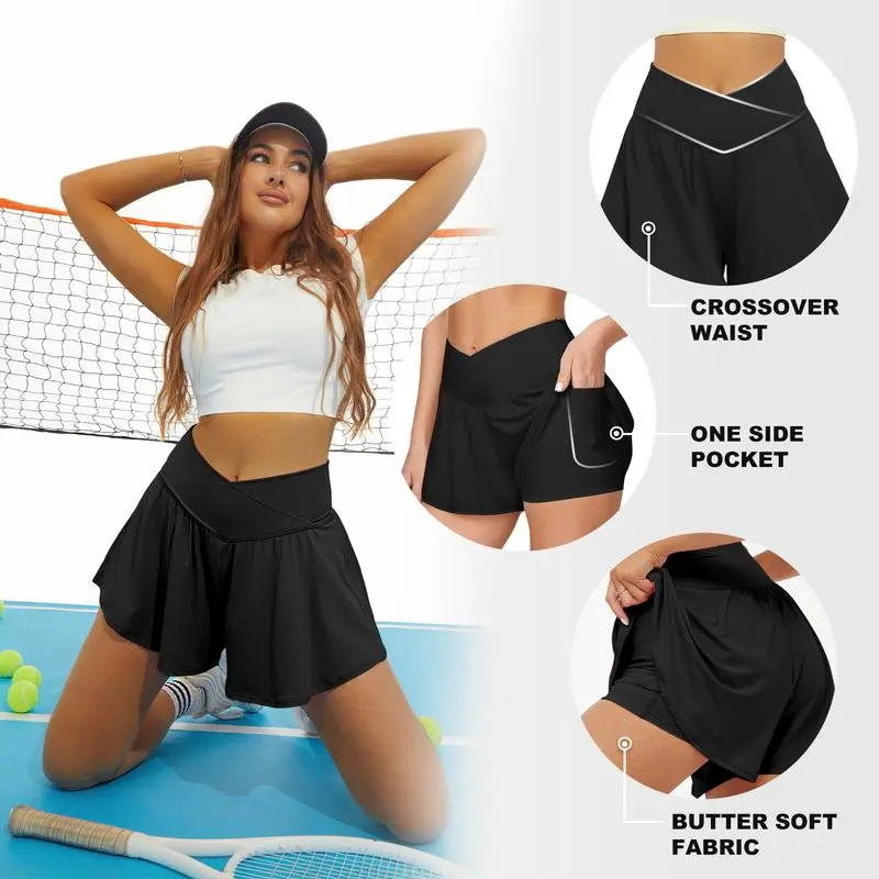 Women’s 2-in-1 Crossover Running Shorts – Flowy Athletic Skorts with Pockets & Spandex Liner