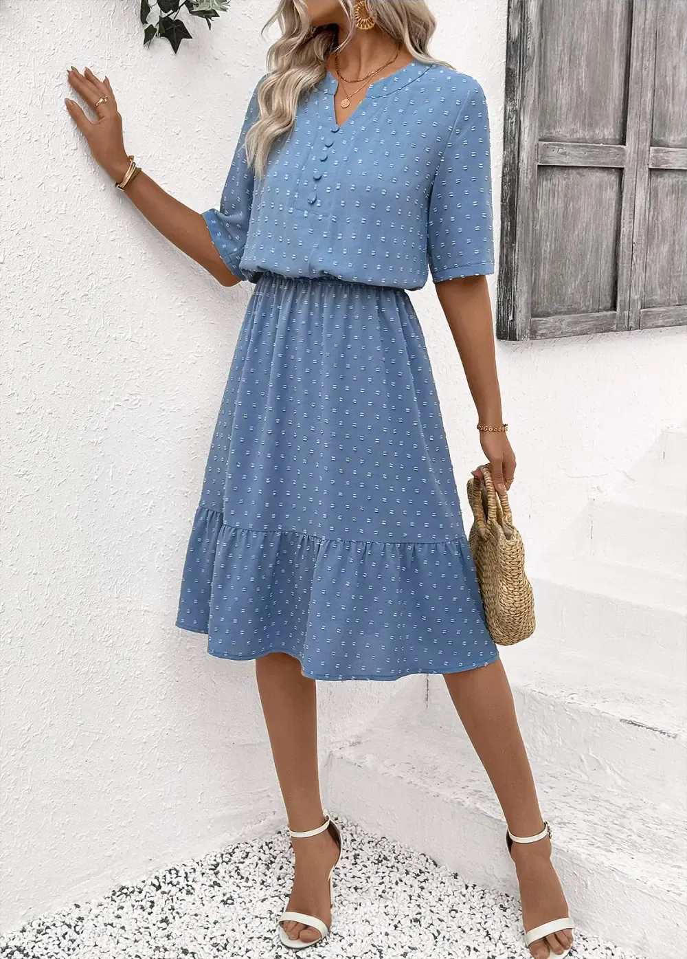 Dusty Blue Polka Dot Short Sleeve Split Neck Dress