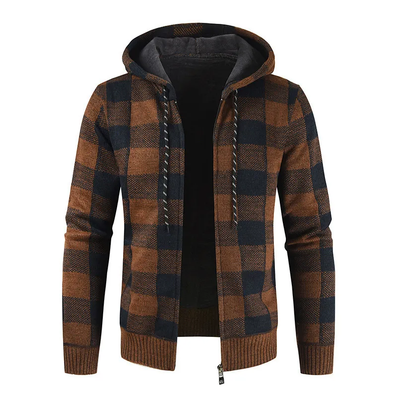 Men's Retro Check Knit Cardigan Hooded Jacket