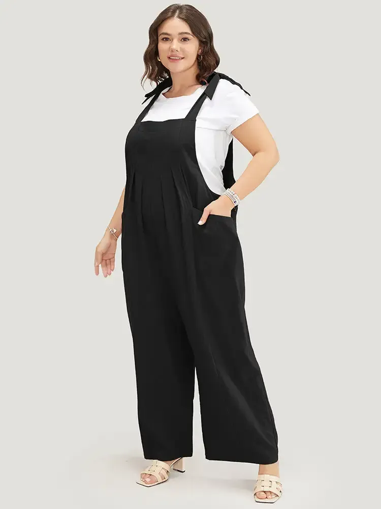 Solid Pleated Detail Pocket Knotted Shoulder Overall Jumpsuit