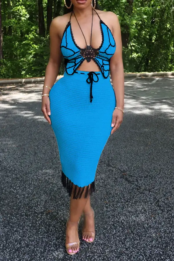 Crochet Butterfly Patchwork Tassel Dress Set