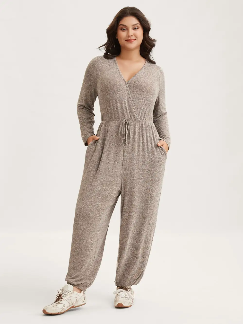 Elastic Waist Overlap Collar Lounge Jumpsuit