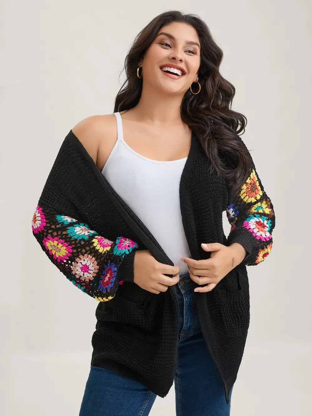Crochet Floral Drop Shoulder Cut Out Cardigan