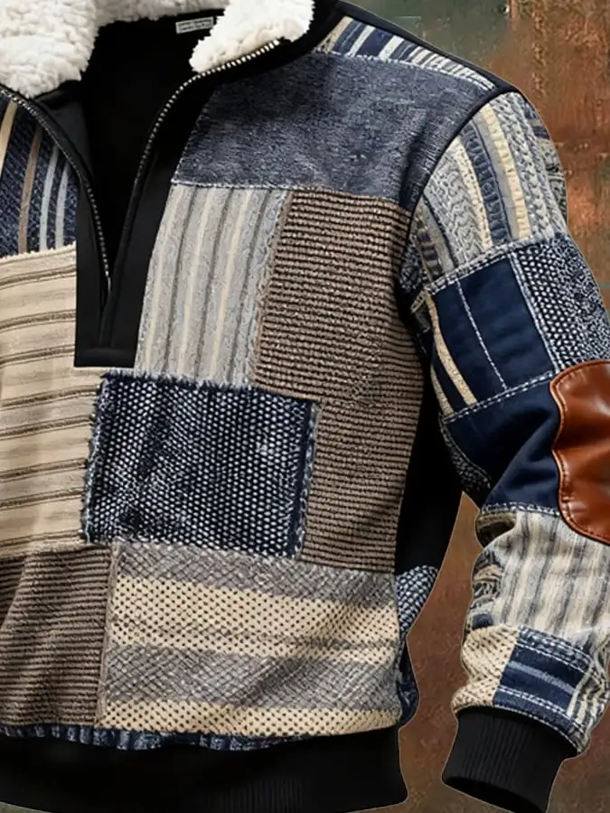 Men's Retro Color Block Print Casual Fur Collar Sweatshirt