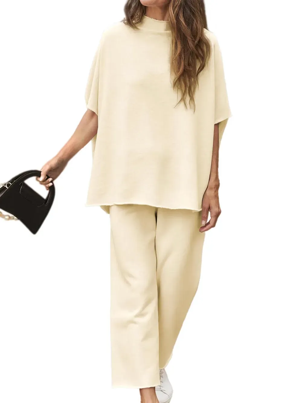 ✨Women's 2 Piece Outfits 3/4 Batwing Sleeve Pullover Top Wide Leg Pants Lounge Set