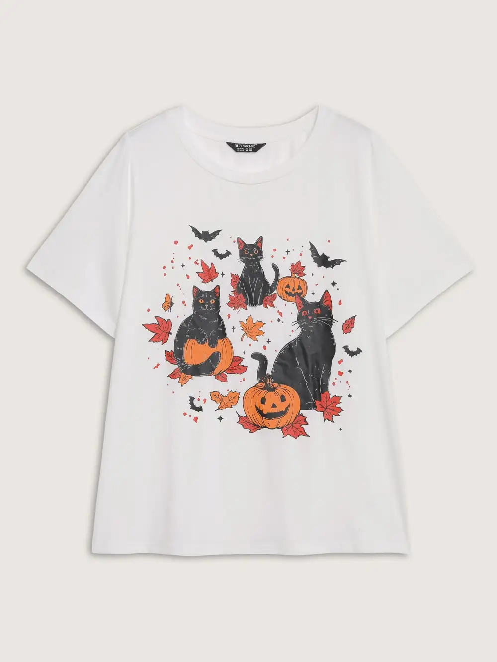 Halloween Cat Print Round Neck T-Shirt