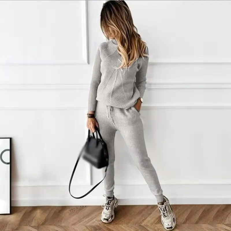 Ladies High-Neck Solid Color Fashion Casual Set