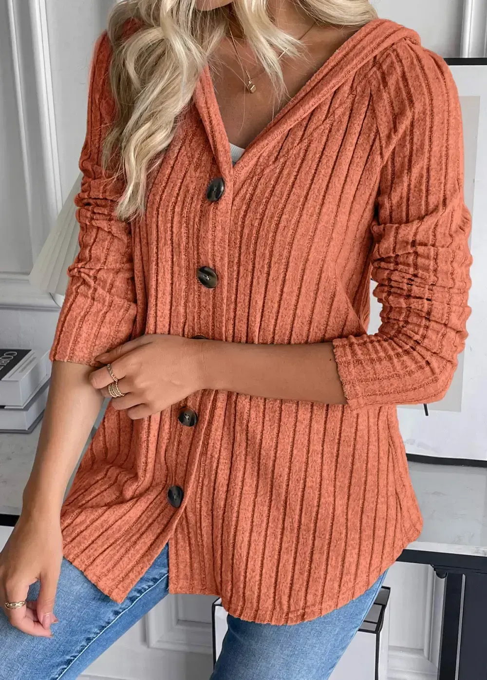 Orange Button Long Sleeve Hooded Coat