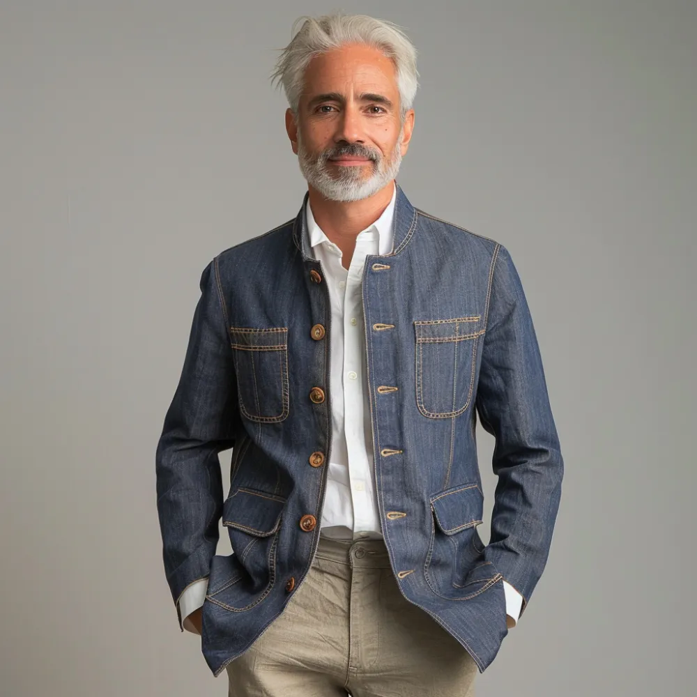 Men's Stand Collar Pockets Retro Denim Jacket