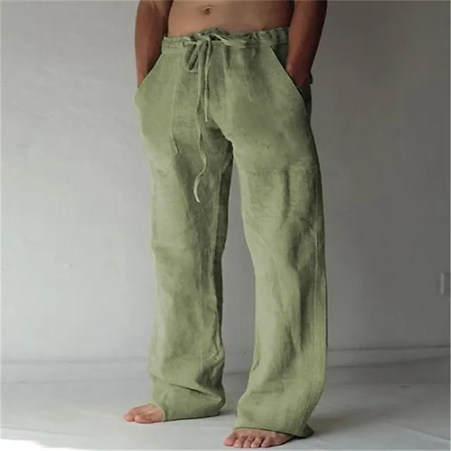 Men's Linen Pants Trousers Summer Pants Baggy Beach Pants Drawstring Front Pocket Straight Leg Plain Comfort Soft Full Length Yoga Holiday Beach Fashion Hawaiian Black White