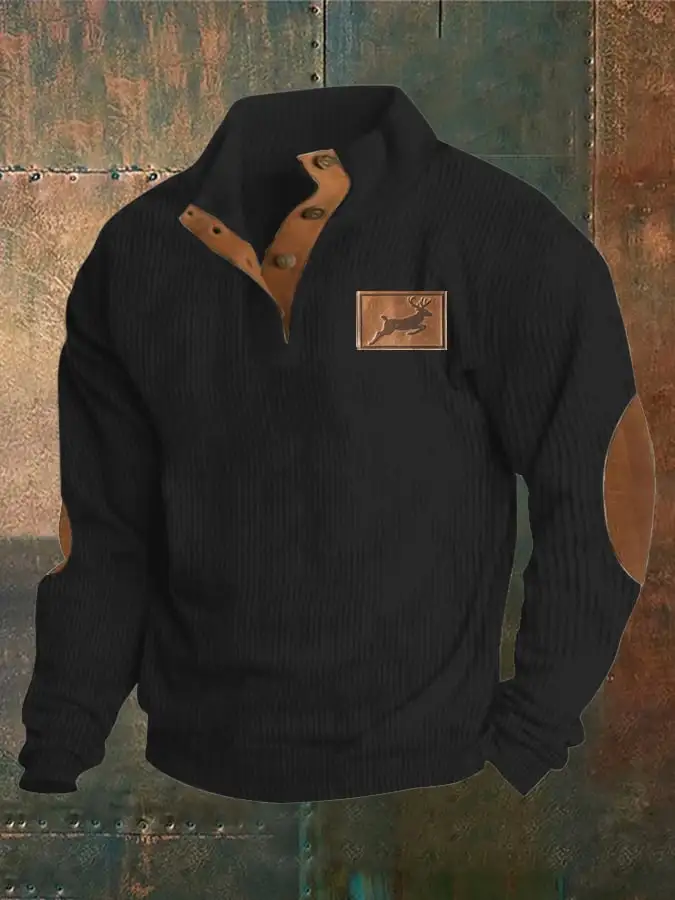Corduroy Western Style Elk Print Stand Collar Button Down Men's Sweatshirt