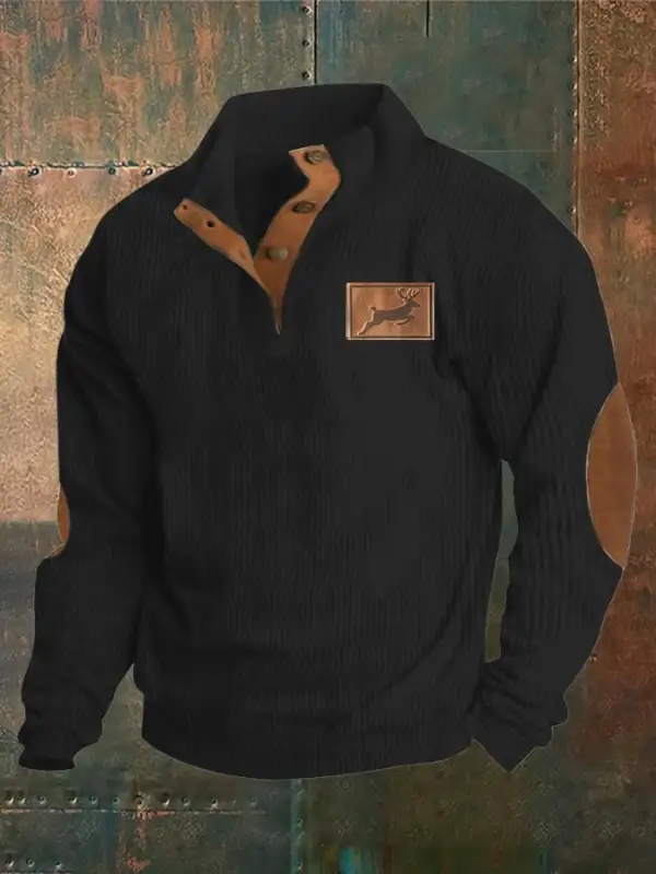 Corduroy Western Style Elk Print Stand Collar Button Down Men's Sweatshirt