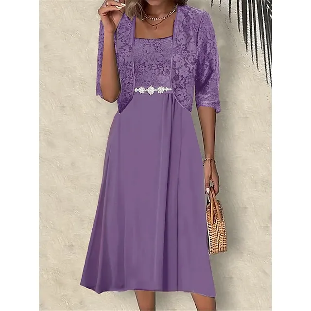 Women's Two Piece Dress Set Party Dress Lace Dress Party Wedding Guest Elegant Modern Lace Patchwork Midi Dress Crew Neck Half Sleeve Floral Plain Regular Fit Pink Blue Purple Summer Spring S M L XL