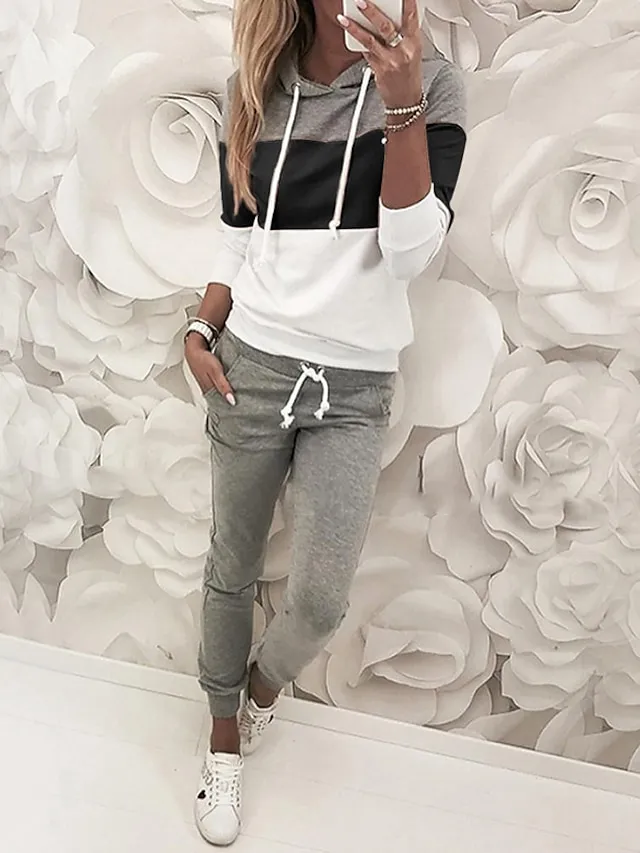 Women's Sweatshirt Tracksuit Pants Sets Color Block Black Yellow Pink Patchwork Drawstring Long Sleeve Casual Daily Vintage Streetwear Basic Hooded Regular Fit Fall & Winter