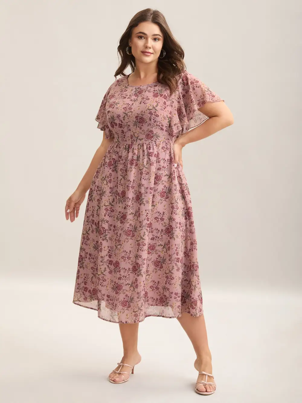 Chiffon Floral Print Ruffled Midi Dress
