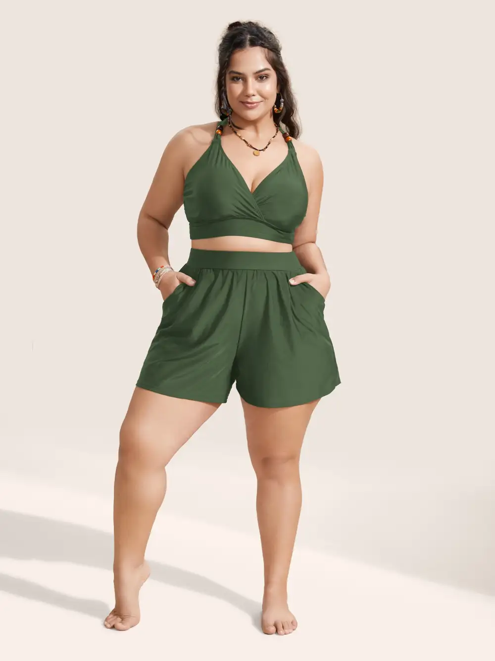 High Waisted Pockets Solid Pleated Swim Bottom