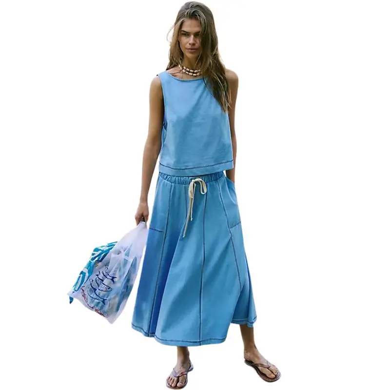 Women's Two-Piece Summer Skirt Set – Sleeveless Crop Top & Elastic Waist Maxi Skirt with Pockets