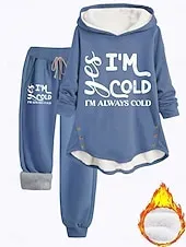 Women's Warm Daily Two Piece Sets Tracksuit Pants Sets Long Sleeve Hooded Graphic Letter Drawstring Print Casual Daily Black Dark Pink Red Fall Regular Fit