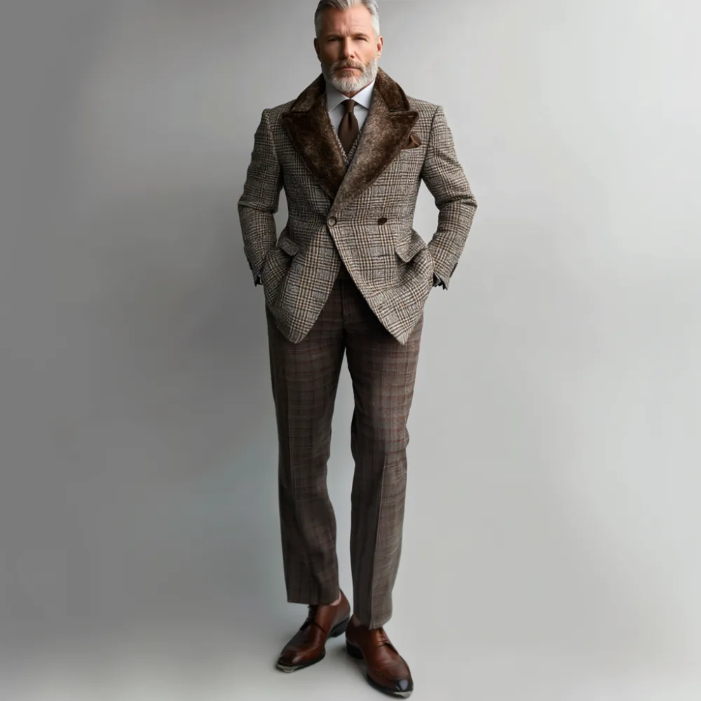 Men's Business Plush Peak Lapel Double Breasted Plaid Print Blazer