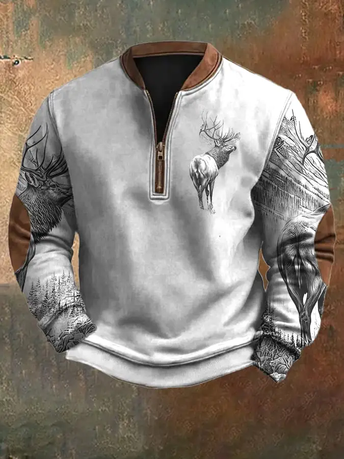 Men's Vintage Western Elk Silhouette Print Zip-Neck Sweatshirt