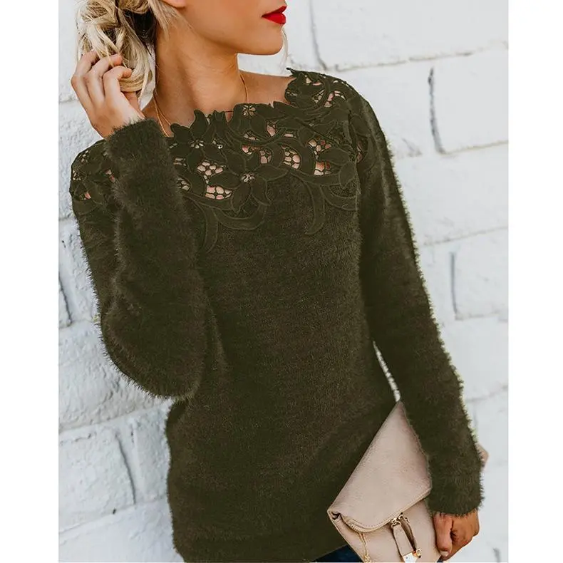 Solid Lace Splice Long Sleeve Plush Sweater