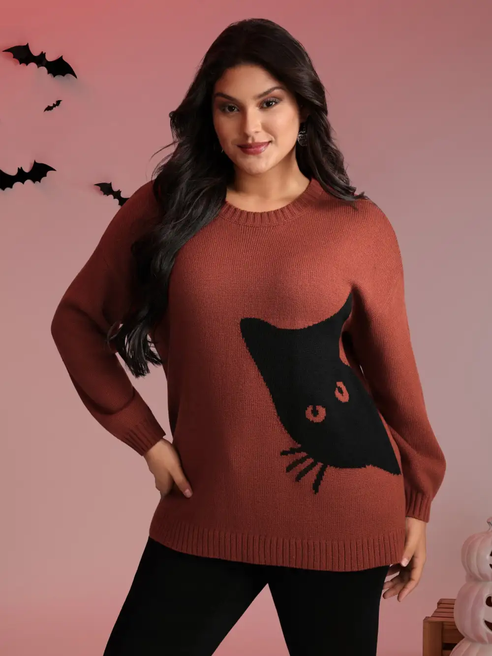 Night Cat Print Crew Neck Pullover