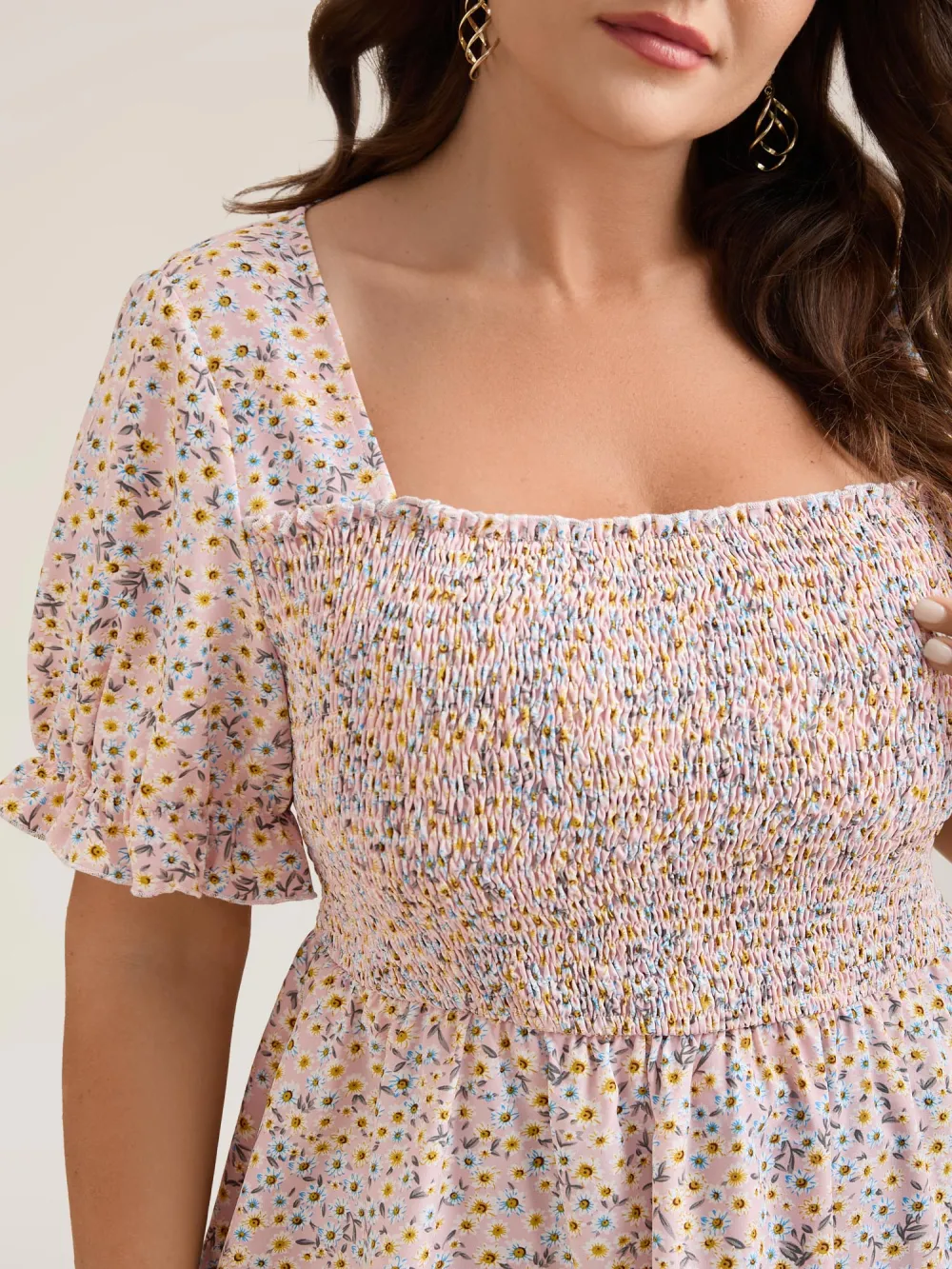 Floral Print Shirred Bodice Peplum Top