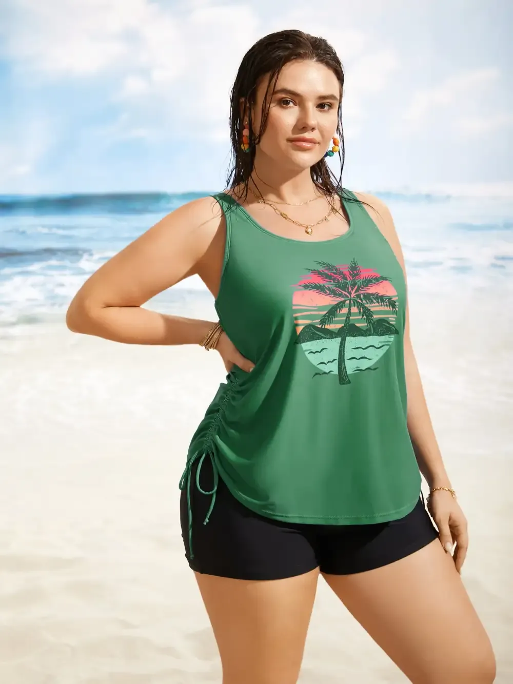 Crew Neck Contrast Tropical Print Drawstring Swim Top