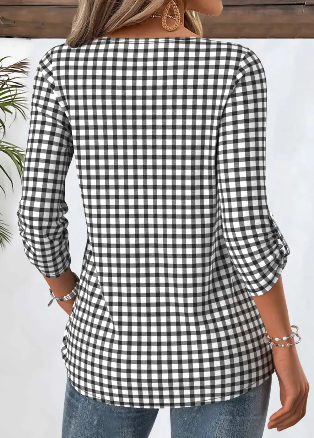 Black Tuck Stitch Plaid 3/4 Sleeve V Neck Blouse