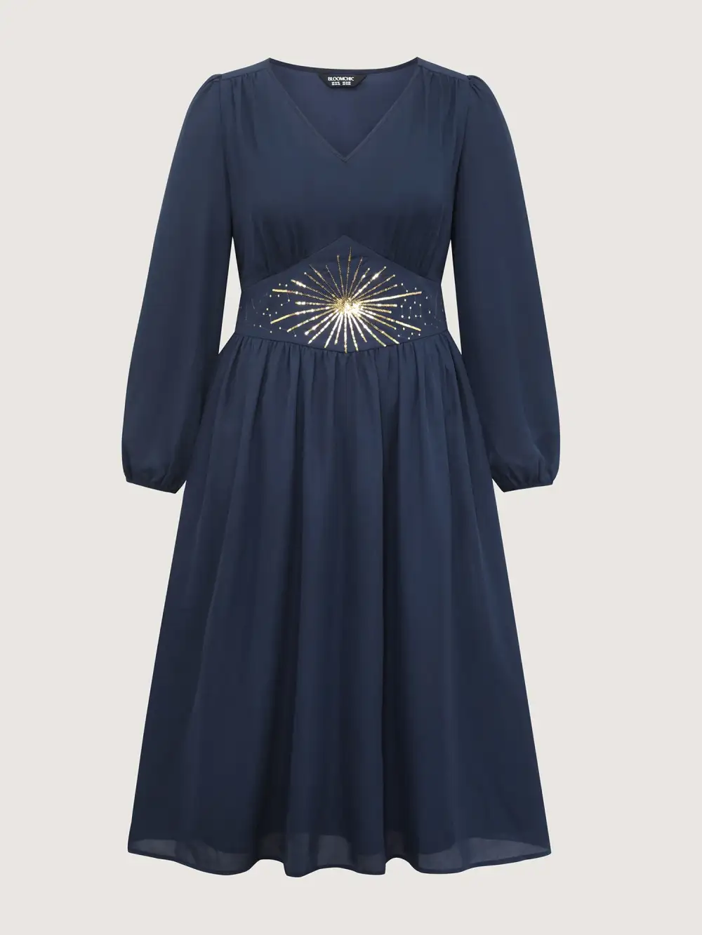 Gold Sequin Embroidery Sheer Shirred Midi Dress