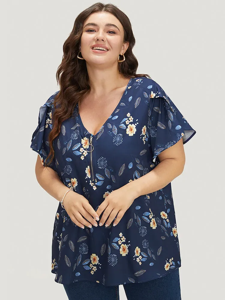 Floral O Ring Zipper Split Petal Sleeve Blouse