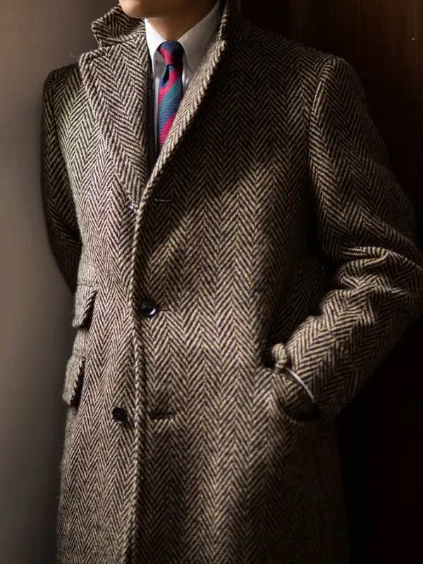 Men's Stylish Herringbone Double-Breasted Pocket Design Casual Woolen Coat