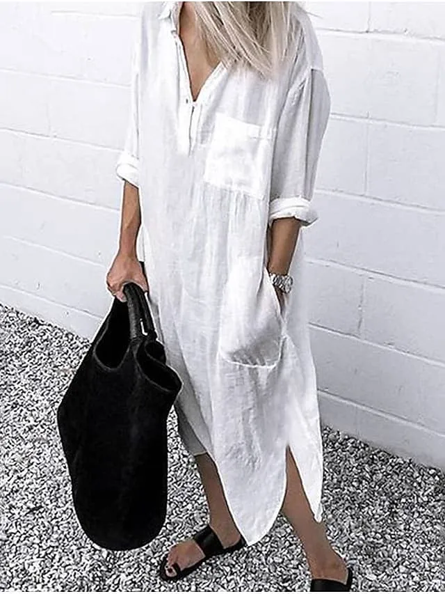 Women‘s Casual Dress Cotton Dress Shirt Dress Swing Dress Midi Dress Blue Yellow Red Long Sleeve Pure Color Pocket Summer Fall Spring Shirt Collar Basic Daily Weekend Loose Fit 2023 S M L XL XXL 3XL