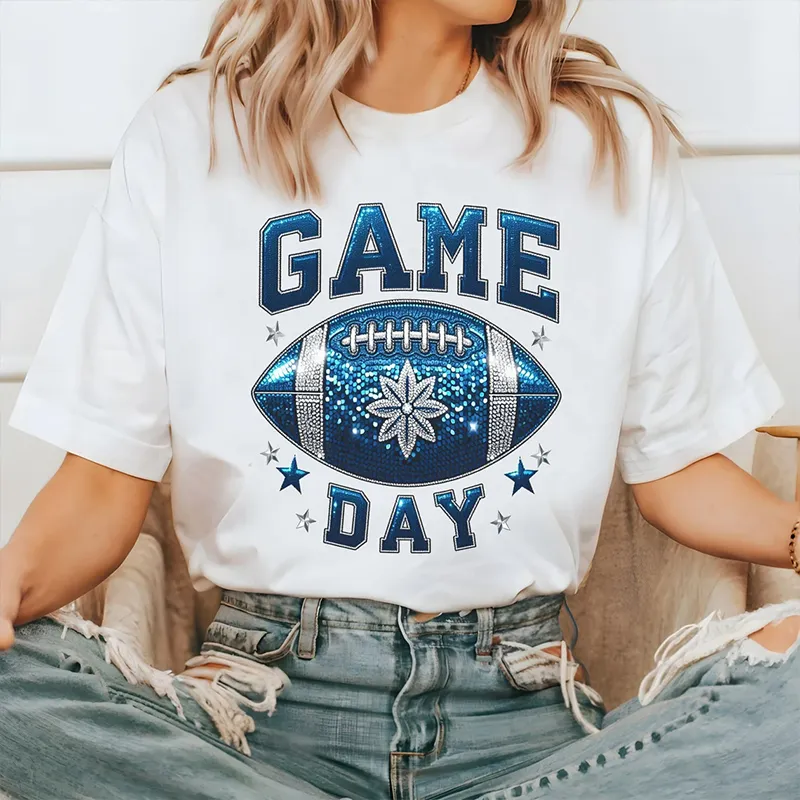 Women's Football Game Day Print Round Neck Short Sleeved T-shirt