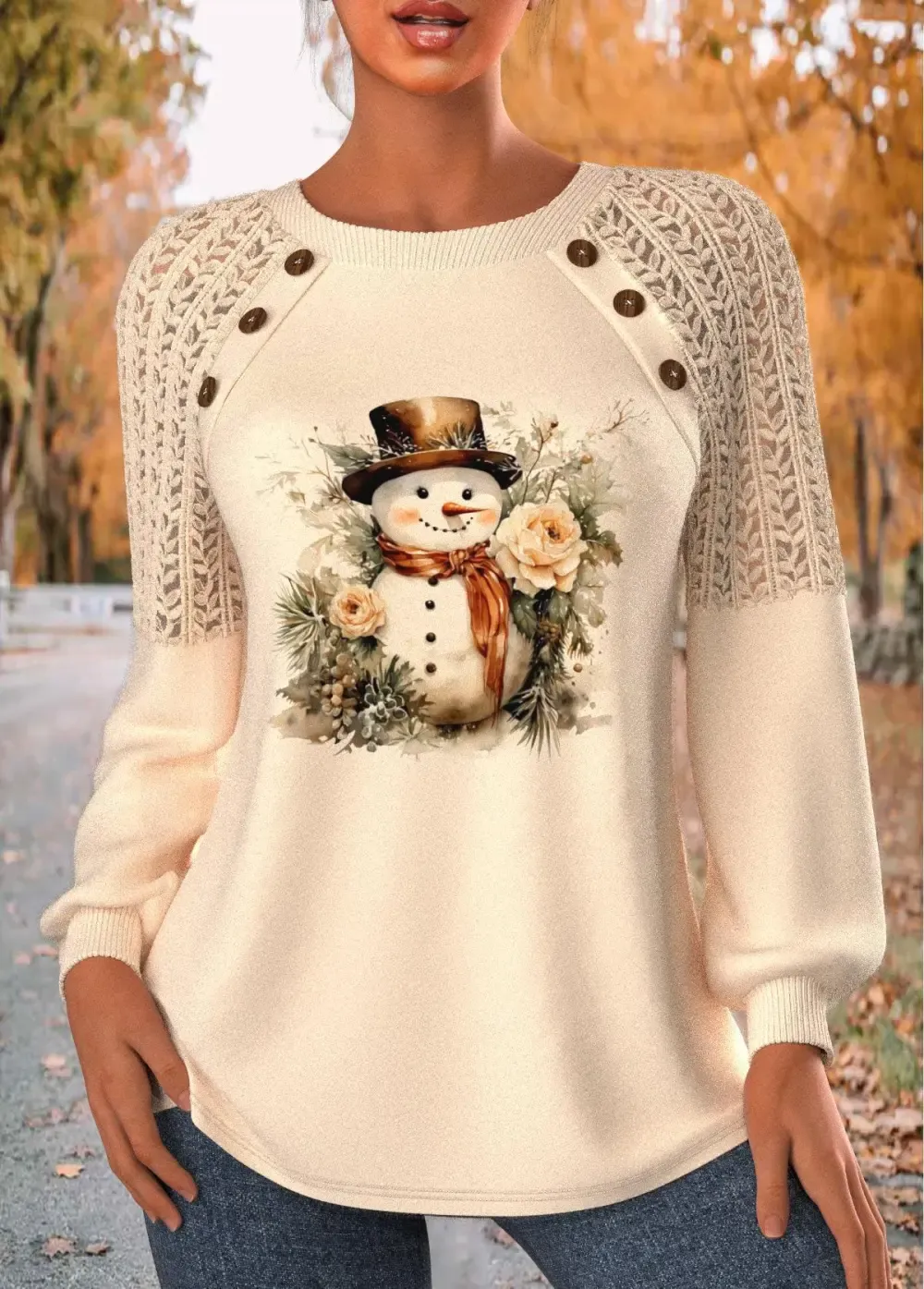 Christmas Skin Color Lace Long Sleeve Round Neck Sweatshirt