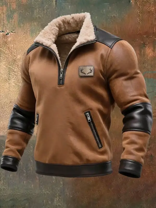 Men's Vintage Suede Leather Zipper Fur Collar Sweatshirt