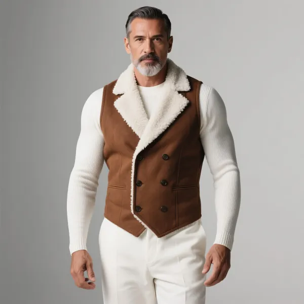 Men's Notch Lapel Fuzzy Lined Double Breasted Sleeveless Suede Vest