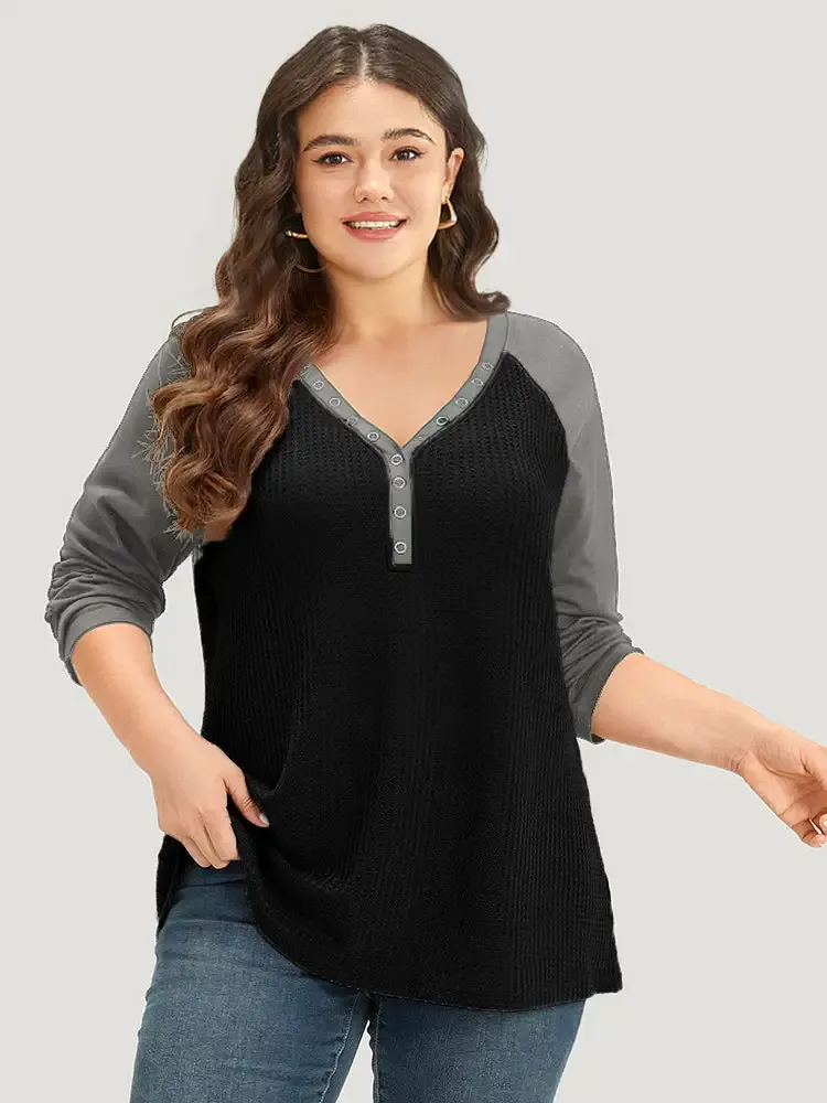 Waffle Knit Raglan Sleeve Metal Buckle Detail T-Shirt